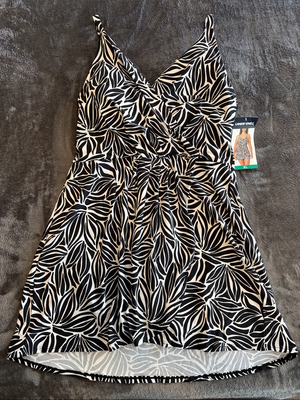 Lands' End Black and White Floral-Leaf Wrap Swimdress Slendersuit